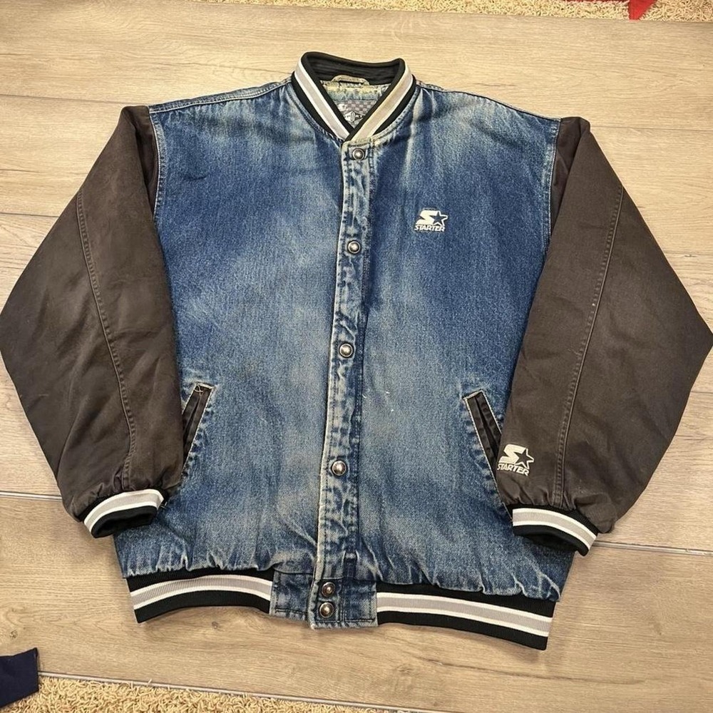 Starter Denim Varsity Jacket Mens XL Vintage Sport Two Tone Blue Brown Snap